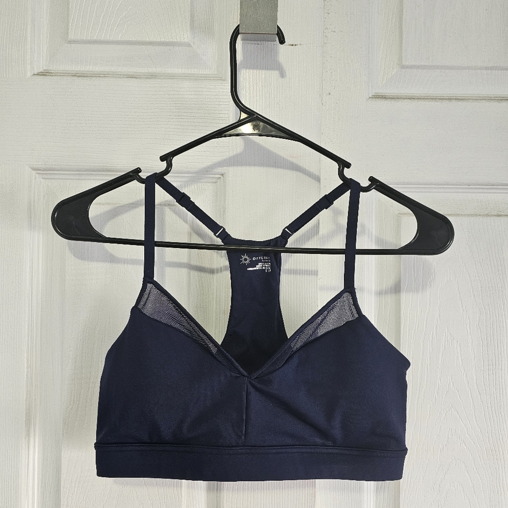 OFFLINE By Aerie Goals Mesh V-Neck Sports Bra in Royal Navy
